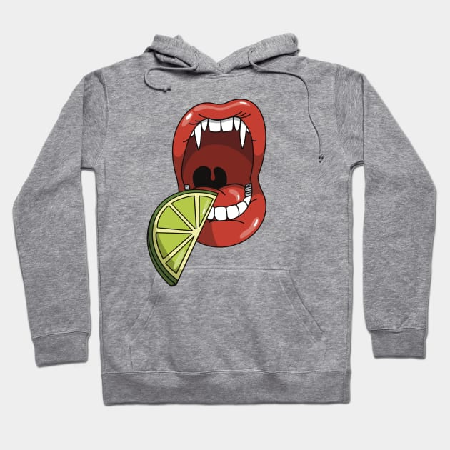 Mouth with vampire teeth about to take a bite into slice of lime Hoodie by Fruit Tee